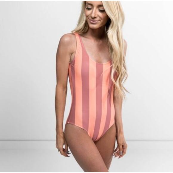 Stevie Hender Other - Stevie Hender Orange/Coral Striped Scoop Back One-Piece Swimsuit Size Large